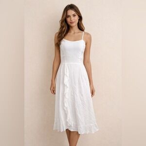 Angie Womens White Crinkle Rayon Ruffle Midi Dress Smocked Racerback Size M